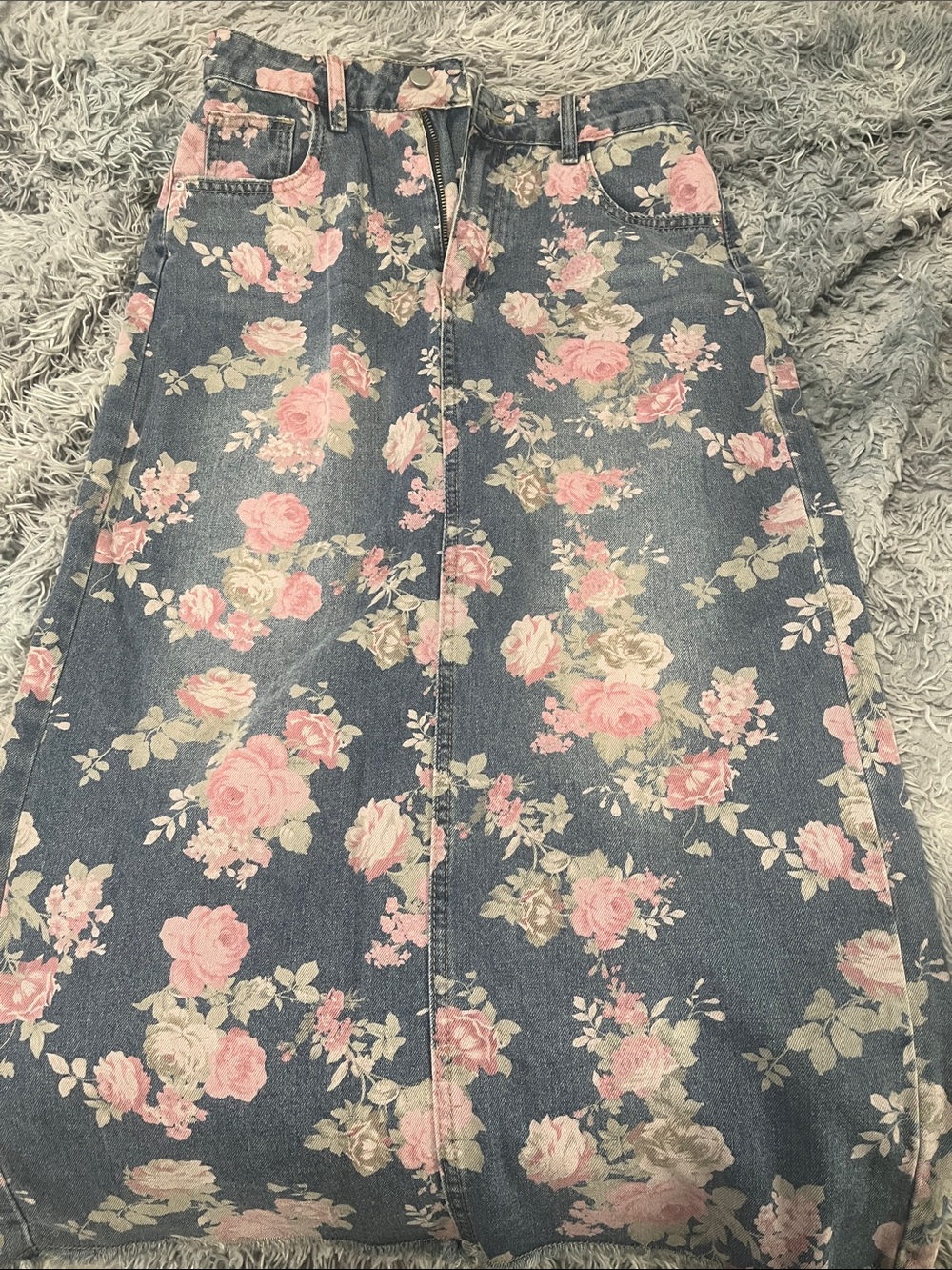 Pink Rose Floral Denim Skirt